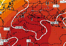 mappa cromatica delle temperature e pressione sul bacino del Mediterraneo