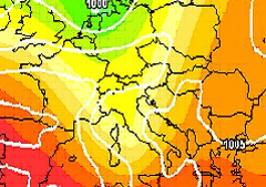 cartina cromatica delle temperature che mostra il flusso di aria fredda in arrivo dal nord Europa