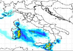 cartina cromatica delle precipitazioni su Sardegna e Sicilia