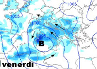 circolazione depressionaria sul mar Tirreno e mappa delle precipitazioni sulla Penisola