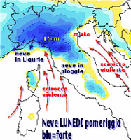 mappa delle precipitazioni nevose sulla Penisola