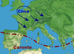 cartina cromatica che mostra il cedimento dell'anticiclone e l'ingresso delle correnti atlantiche nel bacino del Mediterraneo