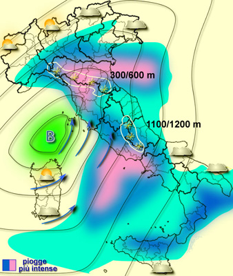 La cartina mostra il vortice ciclonico in formazione sulla Corsica e la localizzazione delle precipitazioni previste.