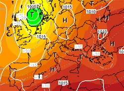 cartina cromatica isobarica che evidenzia la discesa di un nucleo di aria fredda dal nord Europa