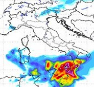 mappa delle precipitazioni temporalesche su Sicilia e Calabria