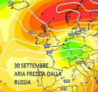 immagine cromatica che mostra il nucleo di aria fredda in arrivo dalla Russia