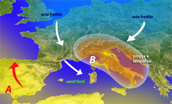 cartina che mostra la circolazione ciclonica sull'Italia