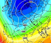 immagine cromatica che mostra il nucleo di aria fredda in arrivo dal nord Europa
