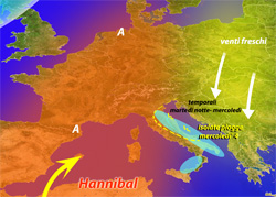 cartina cromatica che mostra la risalita dell'anticiclone sub-tropicave verso l'Europa centrale
