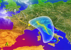 cartina cromatica che evidenzia le aree della Penisola interessate dai fenomeni temporaleschi