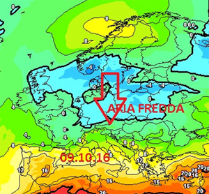 cartina cromatica che mostra il nucleo di aria fredda siberiana in discesa verso il bacino del Mediterraneo