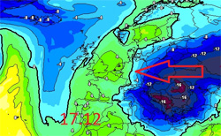 figura cromatica che mostra il flusso freddo in arrivo dai Balcani e che accentuerà i fenomeni legati alla depressione in arrivo da ovest