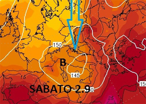Cartina cromatico-isobarica che mostra l'irruzione di aria fredda dal nord Europa verso l'Italia