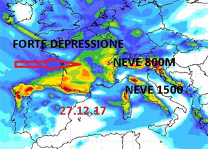 La cartina cromatica mostra la mappa delle precipitazioni sull'Italia per il giorno 27 dicembre.