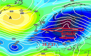 Cartina cromatica che mostra l'irruzione verso ovest dell'aria gelida Siberiana (il Burian)