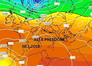 Cartina cromatica che mostra le temperature miti dei "giorni della merla" 