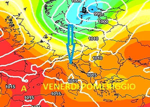 Cartina cromatica che mostra la discesa di aria fresca dal nord Europa