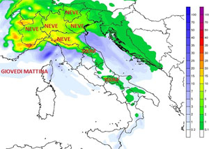 Mappa delle precipitazioni nevose sul nord Italia ad inizio marzo 2018