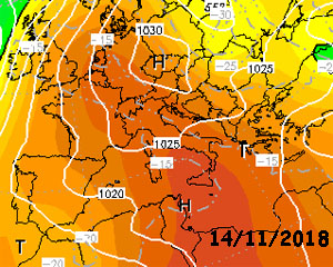 cartina cromatica delle temperature che mostra l'espansione verso nord dell'anticiclone nord-Africano