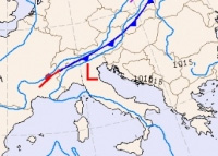 cartina isobarica cromatica che mostra la coda della perturbazione in transito sull'Europa 