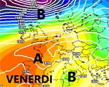 cartina cromatica che mostra la depressione in azione sul Tirreno meridionale