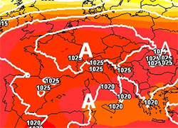 Cartina cromatica che mostra l'espansione dell'anticiclone sul Nord Europa