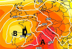 Cartina cromatica che mostra la depressione che dalla Penisola Iberica raggiunge l'Italia, muovendosi verso Est.