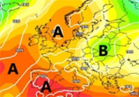 mappa cromatica delle aree di bassa e alta pressione in ambito Europeo