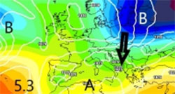 cartina cromatica che mostra l'irruzione di aria fredda dal nord Europa