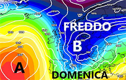 cartina cromatica che mostra l'irruzione di aria Artica sull'Italia