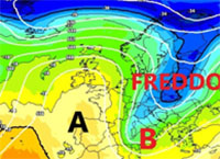 Immagine cromatica che mostra la discesa di aria fredda dal nord Europa