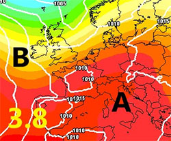Cartina cromatica che mostra l'anticiclone Nord-Africano in espansione verso l'Europa centrale
