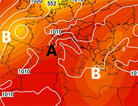 Cartina che mostra la prima ondata di calore estivo sull'Italia e l'Europa centrale