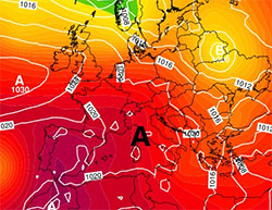 Cartina cromatica che mostra l'espanzione verso l'Europa occidentale e l'Itale dell'anticiclone nord-Africano