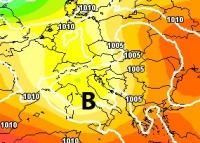 Cartina cromatica che indica la depressione responsabile delle precipitazioni sull'Italia