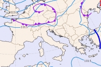 cartina cromatica isobarica che mostra la perturbazione Atlantica in transito sull'Europa centrale