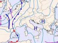 Cartina isobarica che mostra le perturbazioni Atlantiche in corsa verso l'Europa occidentale e l'area anticiclonica sul Mediterraneo