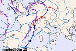 Cartina isobarica con fronti perturbati in arrivo sul Mediterraneo 