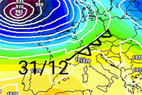 Cartina cromatica che mostra l'arrivo della depressione atlantica di fine anno